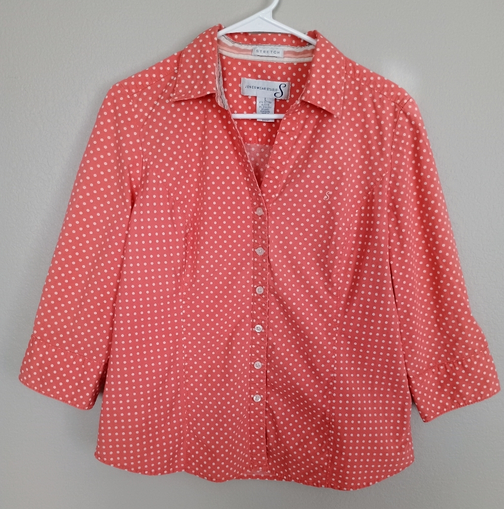 Jones Wear Studio Women's Coral Peach Polka Dot Top Cotton 3/4 Sleeve Stretch L